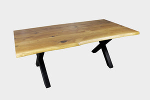 Serie "MAXIM" | Baumkantentisch - Eiche - inkl. Tischbein X-Form - versch. Größen | Länge: 160 - 300 cm | Breite: 90 -100 cm - massivholztisch-manufaktur.de
