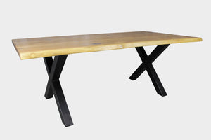 Serie "MAXIM" | Baumkantentisch - Eiche - inkl. Tischbein X-Form - versch. Größen | Länge: 160 - 300 cm | Breite: 90 -100 cm - massivholztisch-manufaktur.de